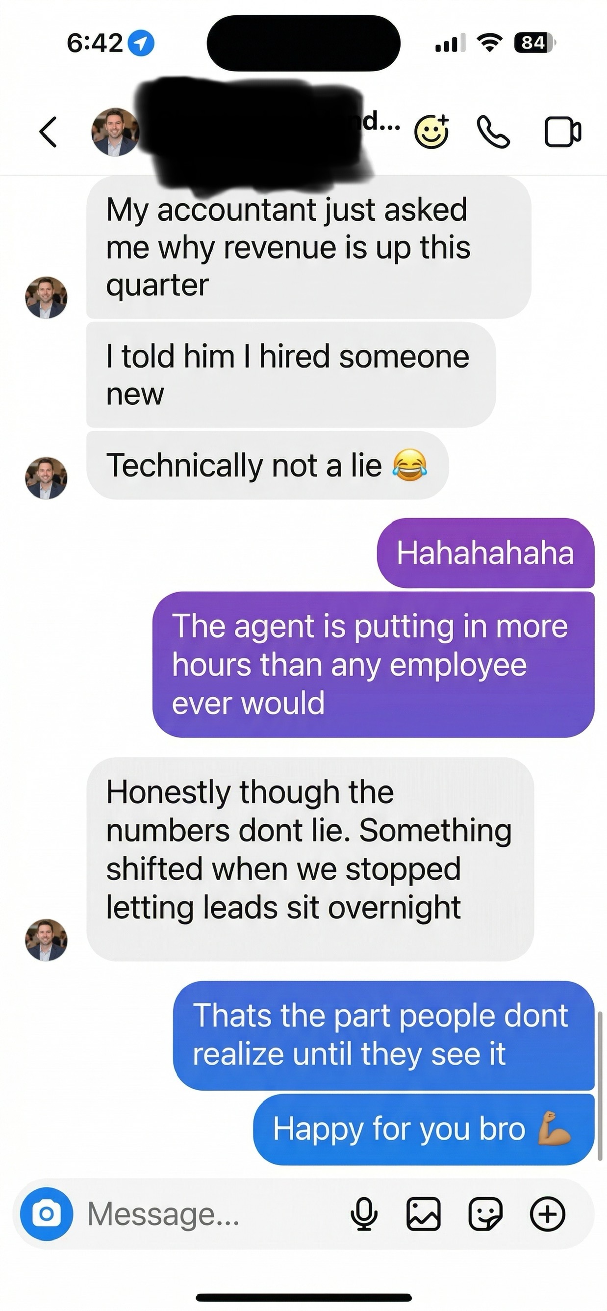 Client DM about revenue being up this quarter